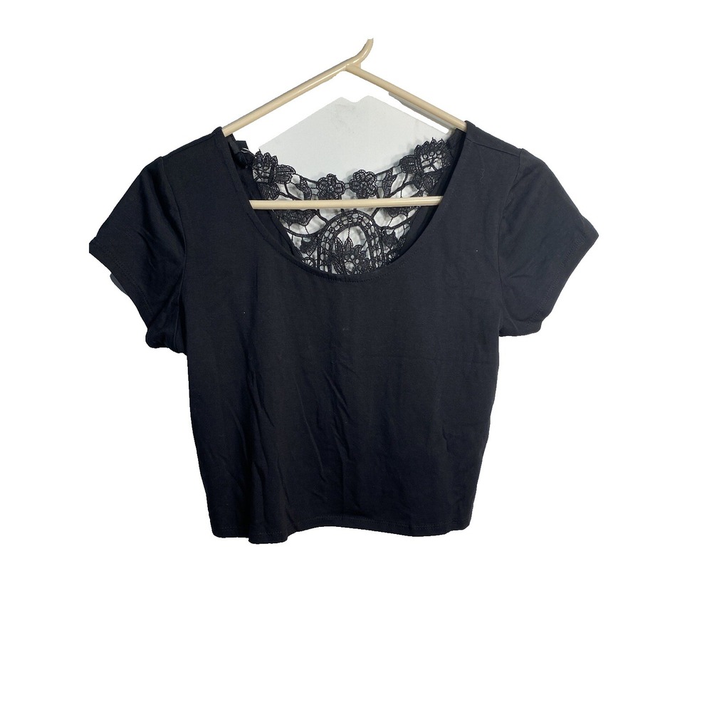 ultra flirt womens juniors black crop top‎ size medium short sleeve lace back